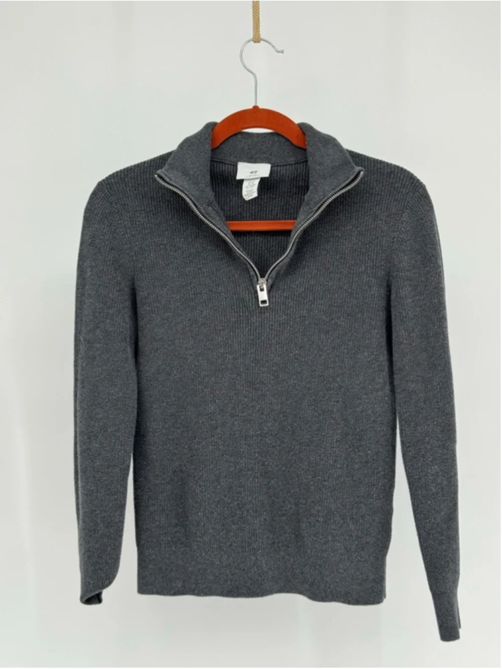 H&M Men's Gray Ribbed Slim Fit Quarter-Zip Sweater XS